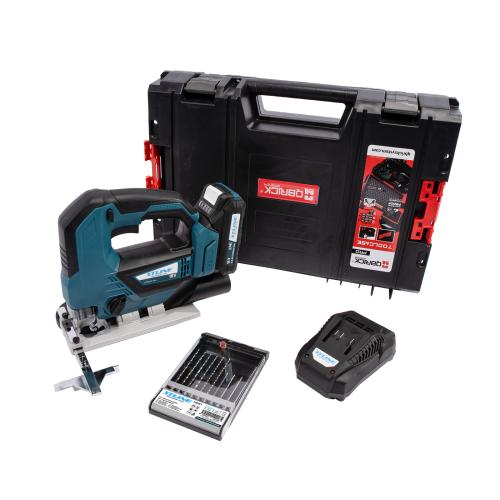 XTLINE Aku přímočará pila bezuhlíková 18 V + baterie 2.0 Ah + nabíječka 2.4 A + pilové plátky + box