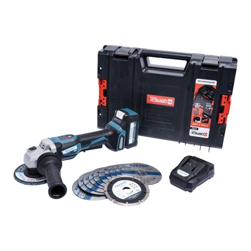XTLINE Aku úhlová bruska bezuhlíková s regulací 18 V, 125 mm + baterie 5.0 Ah + kotouče + nabíječka 3.5 A + box