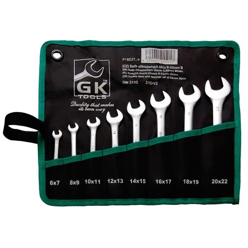 GK TOOLS Sada plochých klíčů, chrom | 6-22 mm, 8 dílů, textilní obal