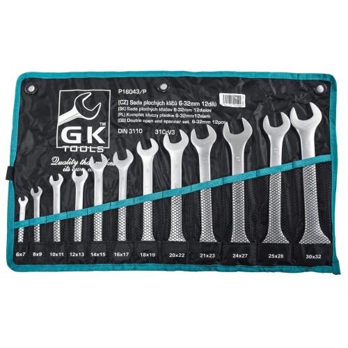 GK TOOLS Sada plochých klíčů, matné 12 dílů | 6-32 mm, textilní obal