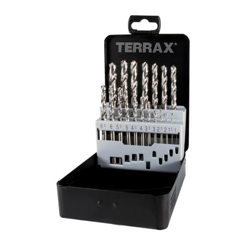 Sada vrtáků do kovu vybrušované Terrax - kovový obal | 1,5-10 mm 19 dílů